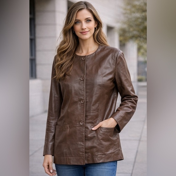Toffs Jackets & Blazers - Tofi Women’s Brown Genuine Leather Button Front Jacket Size 14